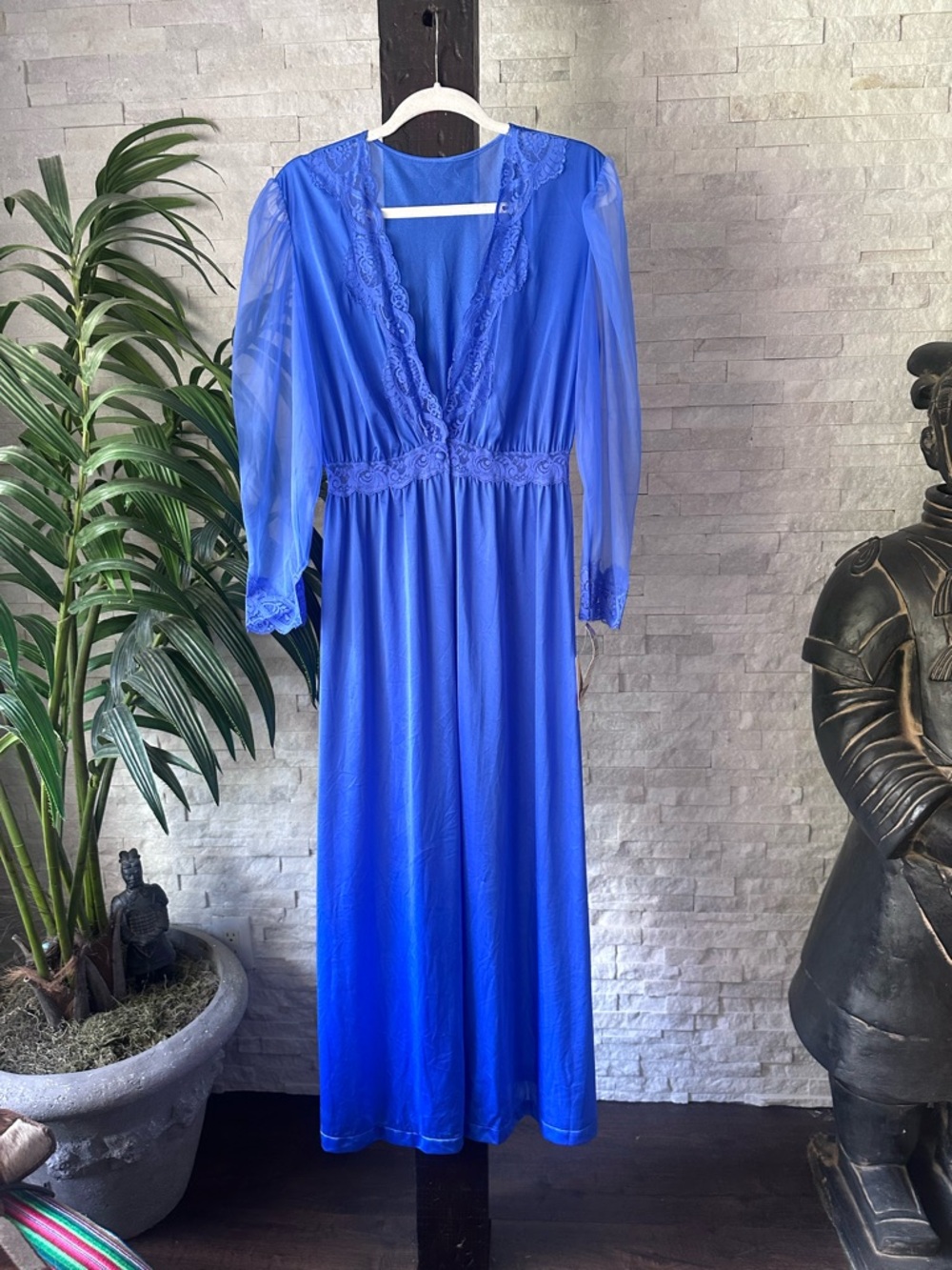Olga Lapis Blue Long Sleeve Peignoir Lace Cover Size Large New Tags